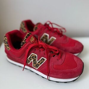 NEW BALANCE 574 Wmns Sneaker Mesh Red Suede Leopard Print Excellent Condition 10